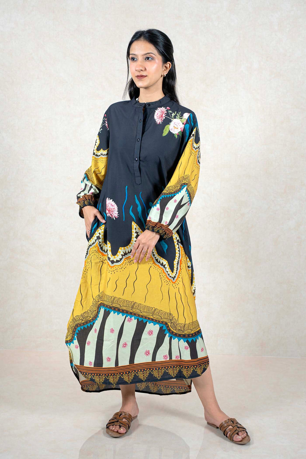 Raysham Fashion charcoal and mustard floral print maxi dress with mandarin collar, long sleeves, and side pockets.