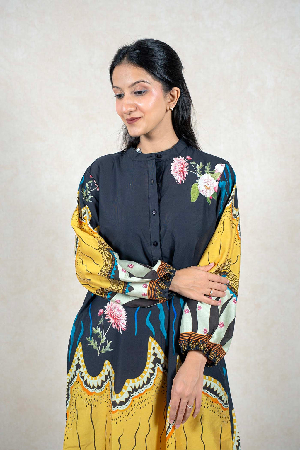 Raysham Fashion long sleeve maxi dress in charcoal and mustard yellow with floral and geometric print, mandarin collar