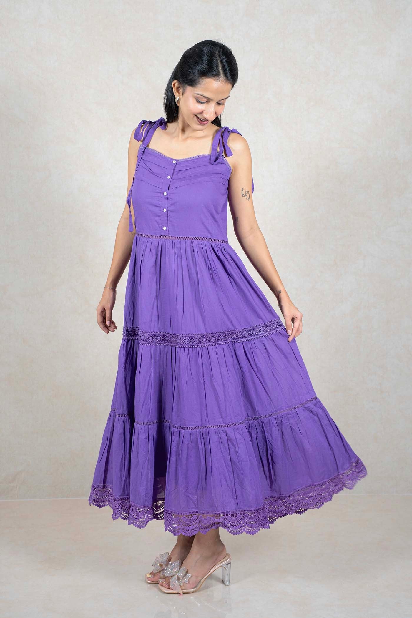 Raysham Fashion purple tiered midi dress with lace trim, button-down bodice, and adjustable tie-up shoulder straps.