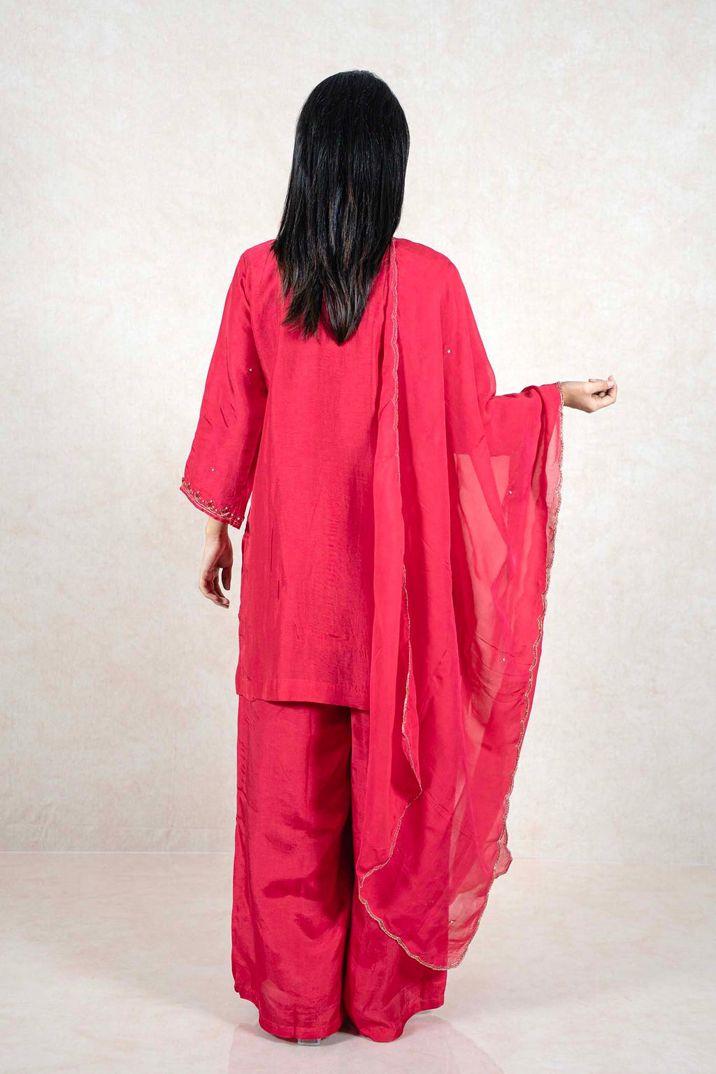 Raysham Fashion crimson red silk-blend kurta set with palazzo pants and sheer dupatta, back view with gold embroidery.