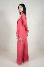 Raysham Fashion rose-pink embroidered jacket and palazzo set with gold-toned floral detailing on a model side view
