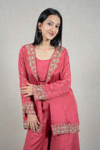 Raysham Fashion rose-pink three-piece set with an embroidered jacket featuring gold floral detailing on lapels