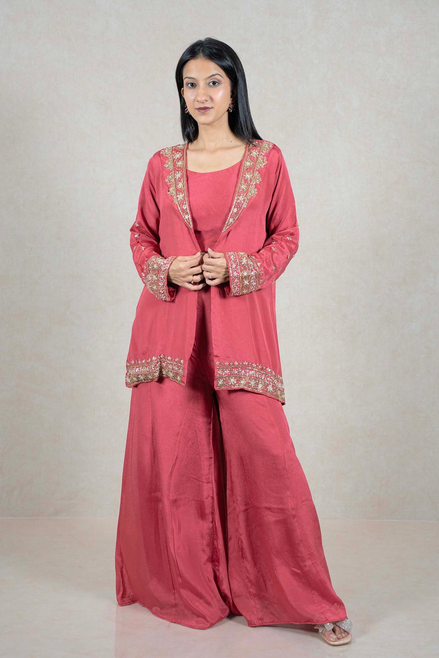 Raysham Fashion rose-pink three-piece set with an embroidered jacket, sleeveless top, and wide-leg palazzo trousers.