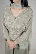 Raysham Fashion sage green silk co-ord set with intricate floral embroidery, beadwork, and a matching dupatta.