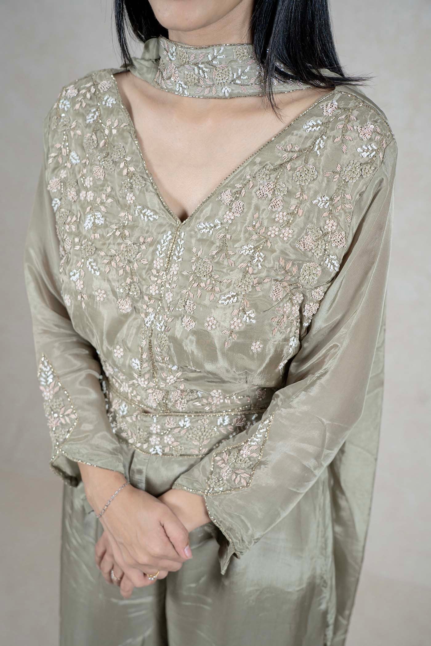 Raysham Fashion sage green silk co-ord set with intricate floral embroidery, beadwork, and a matching dupatta.