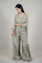 Raysham Fashion sage green silk co-ord set with intricate floral embroidery, beadwork, and matching dupatta on a model