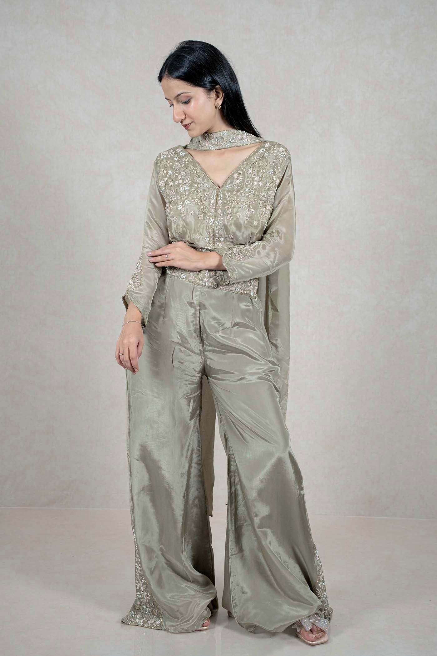 Raysham Fashion sage green silk co-ord set with intricate floral embroidery, beadwork, and matching dupatta on a model