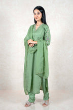 Raysham Fashion sage green silk kurta set with floral embroidery, V-neck, and matching sheer scalloped dupatta.