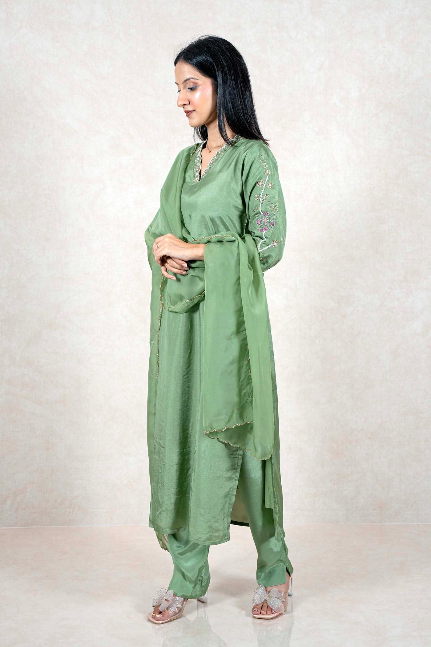 Raysham Fashion sage green silk kurta set with floral embroidery, V-neck, and matching dupatta on a woman