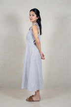 Raysham Fashion sleeveless midi dress with vertical stripes, collared neckline, and scalloped armhole trim.