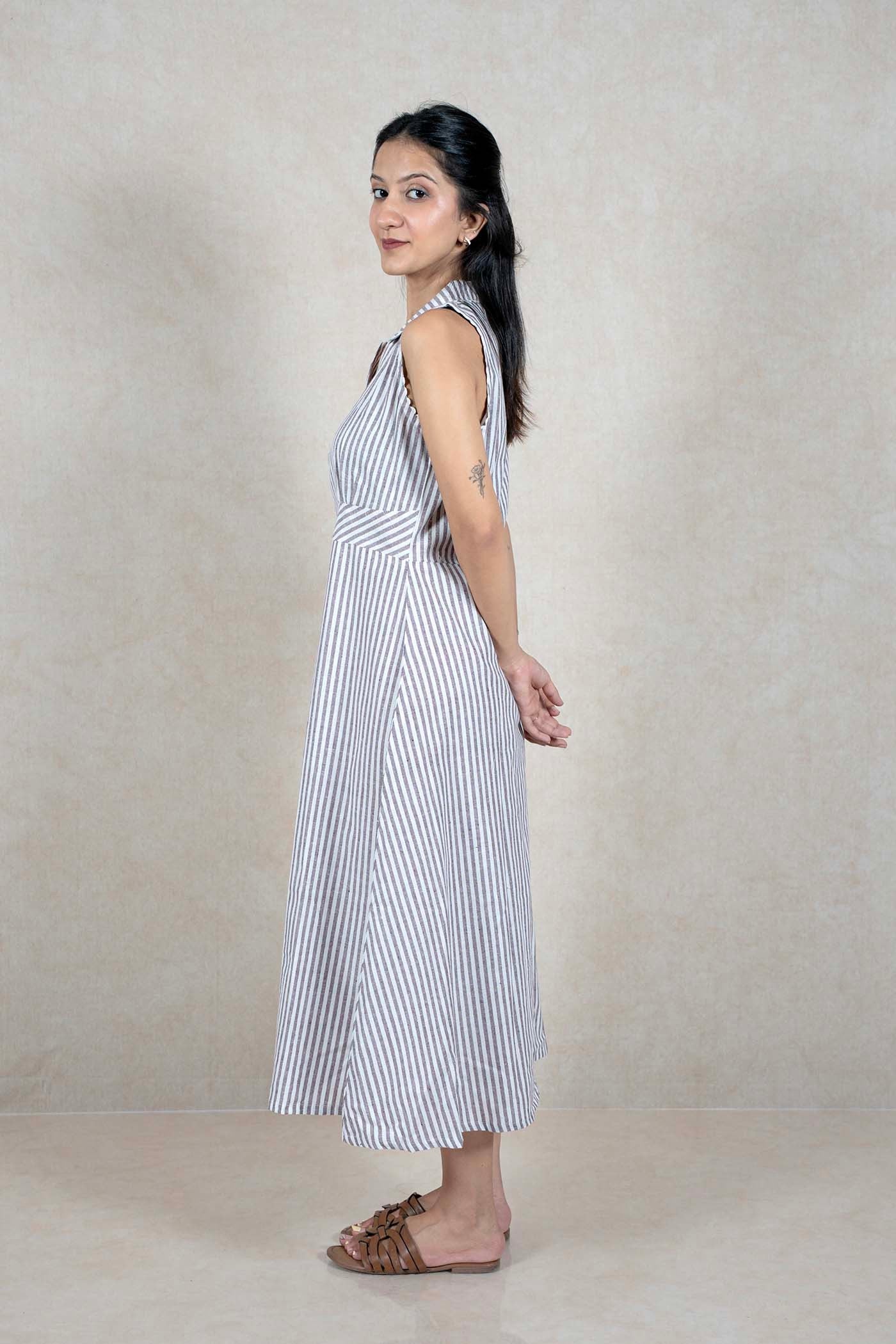 Raysham Fashion sleeveless midi dress with vertical stripes, collared neckline, and scalloped armhole trim.