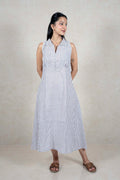 Raysham Fashion sleeveless midi dress with vertical stripes, collared neckline, and scalloped armhole trim