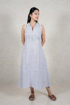Raysham Fashion sleeveless midi dress with vertical stripes, collared neckline, and scalloped armhole trim