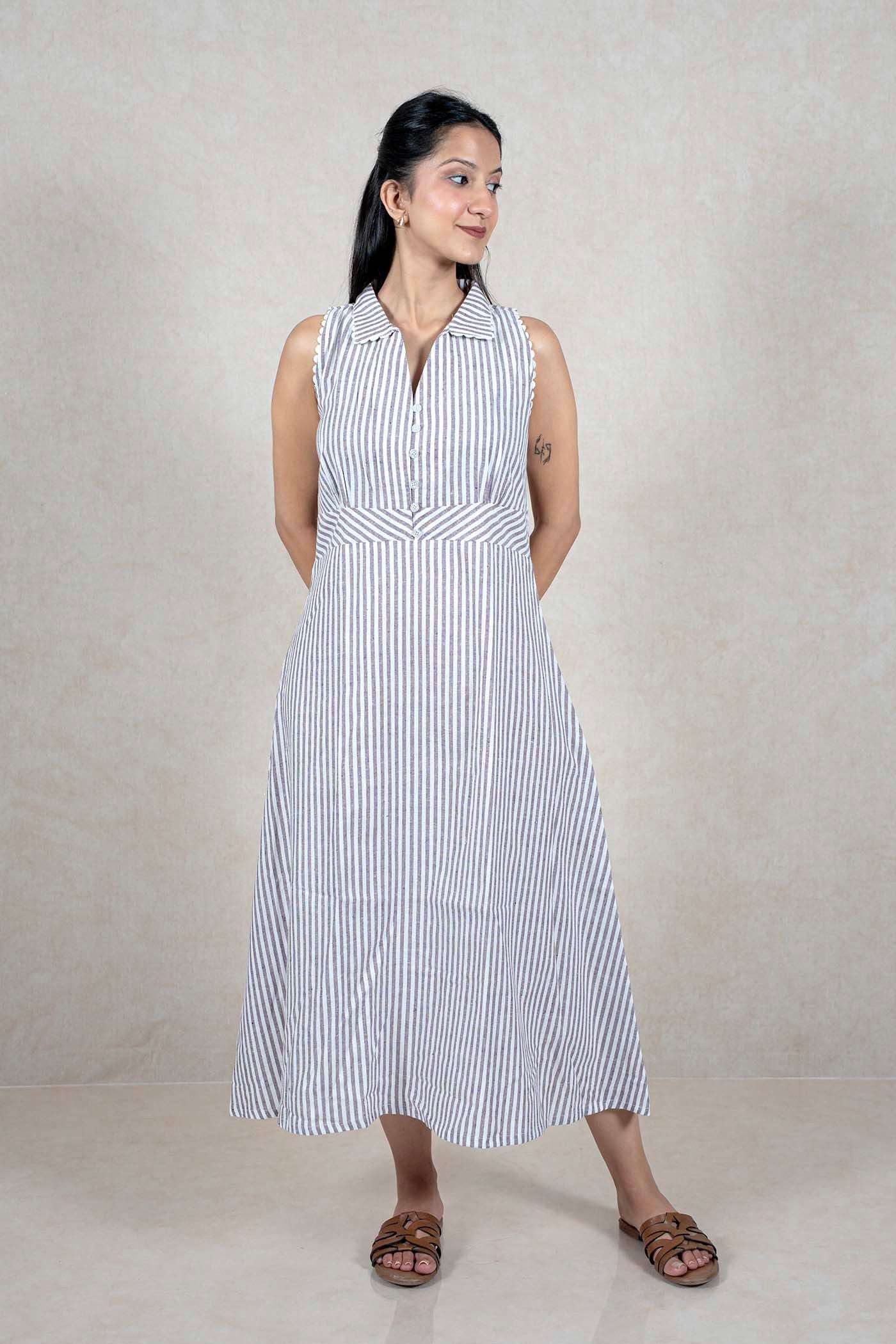 Raysham Fashion sleeveless midi dress with vertical stripes, collared neckline, and scalloped armhole trim