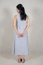 Raysham Fashion sleeveless midi dress with vertical stripes, collared neckline, and scalloped armhole trim, back view