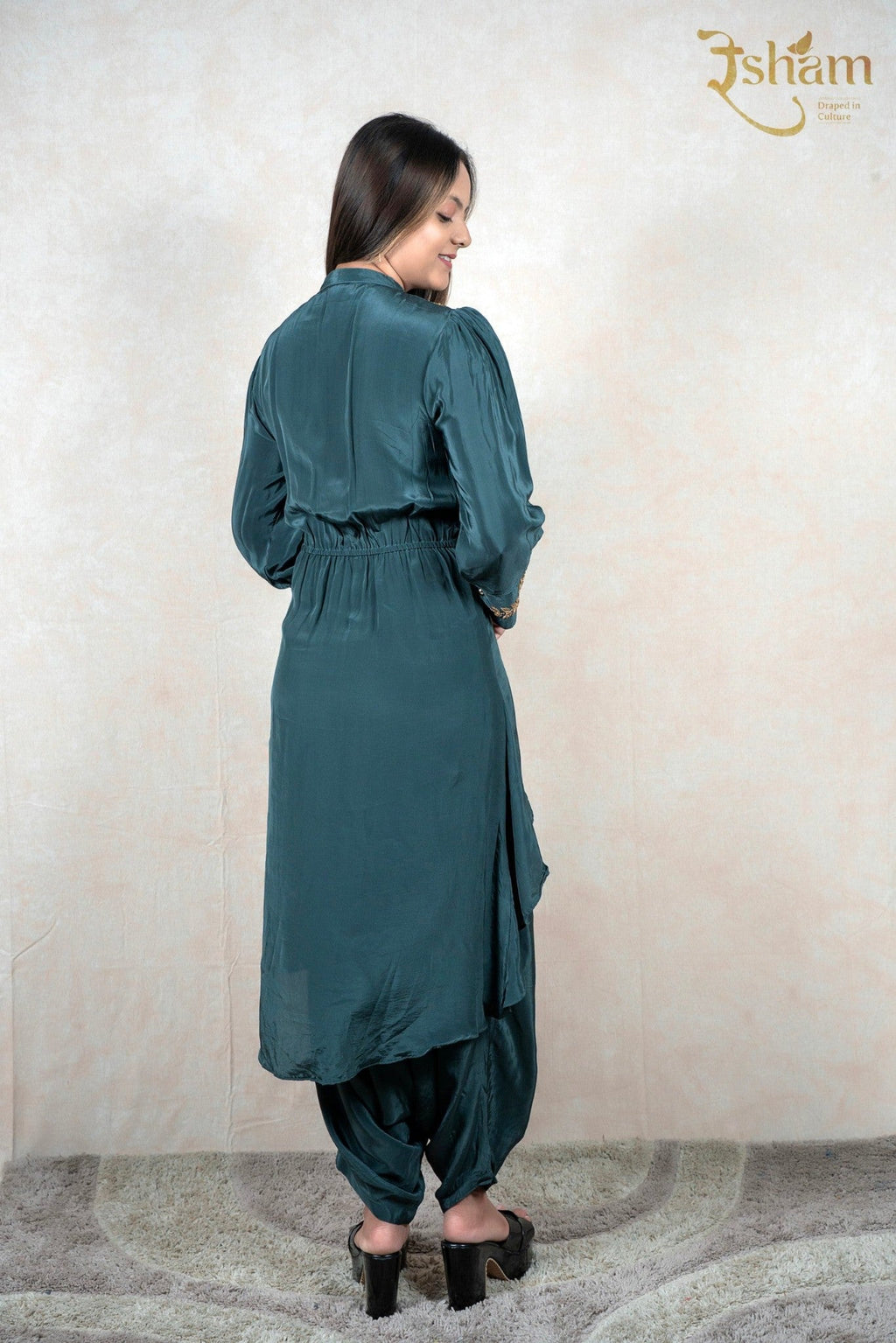 Raysham Fashion deep teal dhoti-style ethnic co-ord set with a cinched waist and long tunic, viewed from the back.
