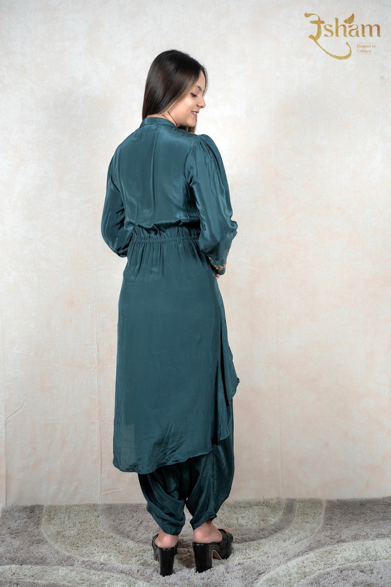 Raysham Fashion deep teal dhoti-style ethnic co-ord set with a cinched waist and long tunic, viewed from the back.
