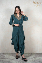 Raysham Fashion deep teal dhoti-style co-ord set with gold embroidered V-neck and cuffs on a woman