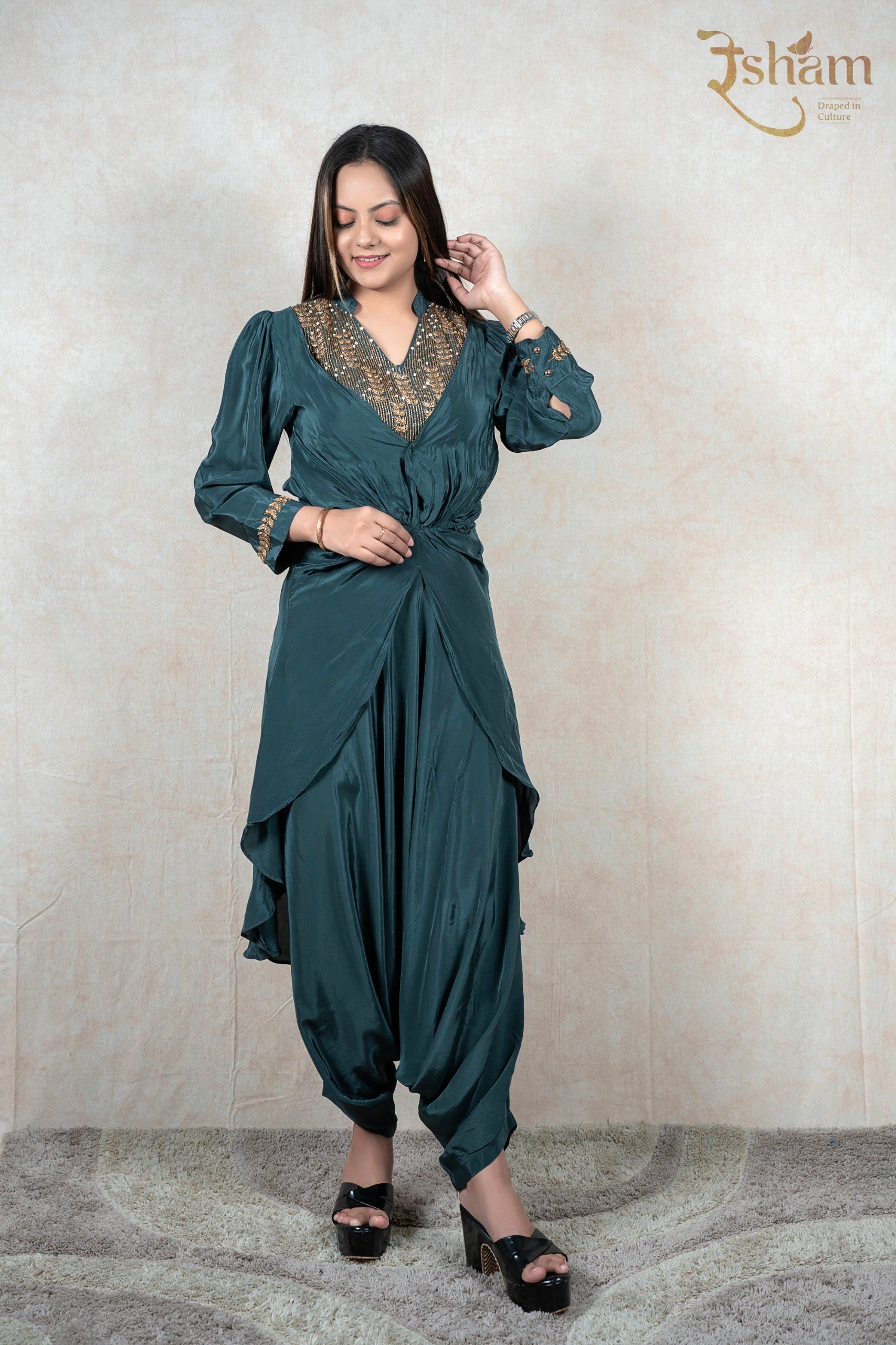 Raysham Fashion deep teal dhoti-style co-ord set with gold embroidered V-neck and cuffs on a woman
