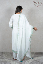 Raysham Fashion white cotton kurta set with multi-coloured embroidery and matching dupatta, back view