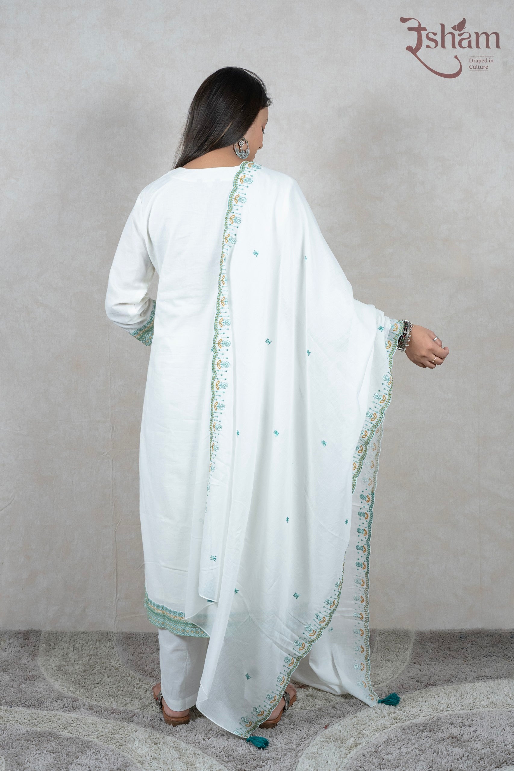 Raysham Fashion white cotton kurta set with multi-coloured embroidery and matching dupatta, back view