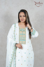 Raysham Fashion white cotton kurta set with multi-coloured embroidery on the yoke and sleeves and matching dupatta